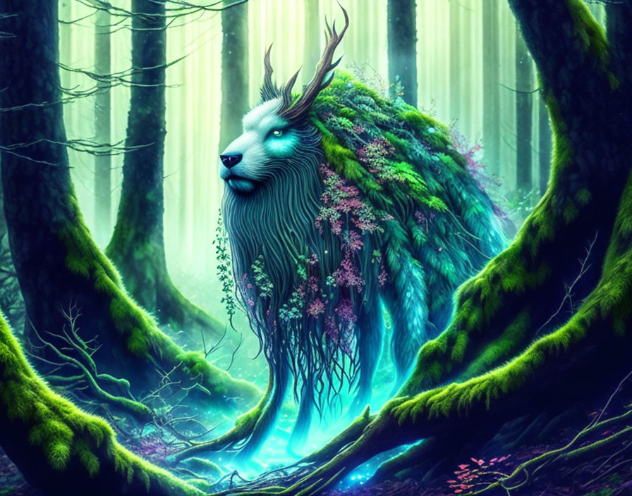 Stag-headed mystical creature in enchanted forest with glowing blue eyes