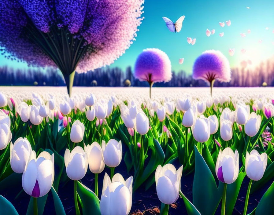 White tulip field with purple trees and butterflies in a fantasy landscape