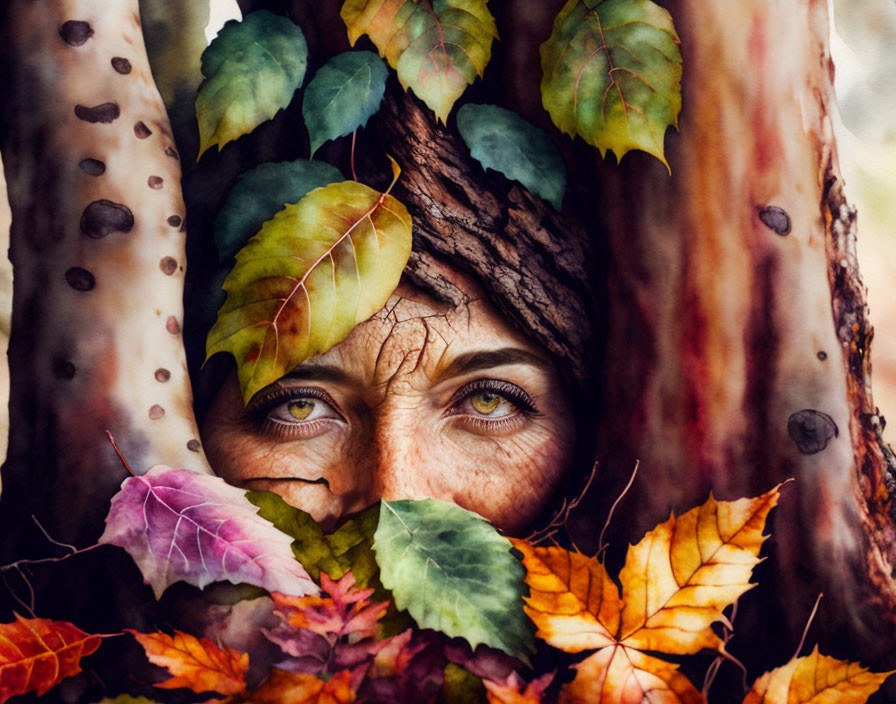 Woman Camouflaged in Autumn Leaves Watercolor Portrait