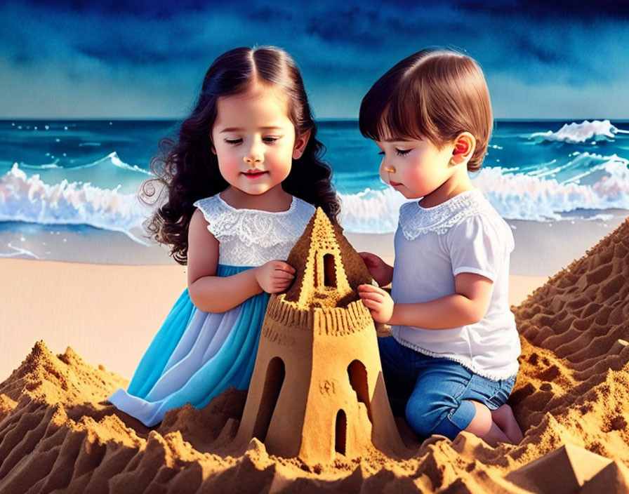 Children playing with sandcastle on beach with ocean waves