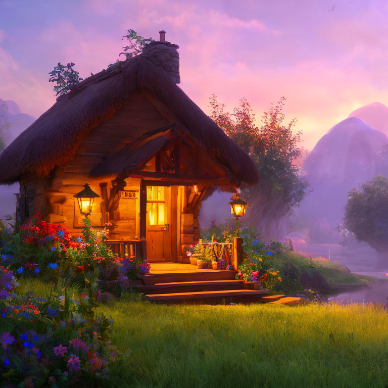 Thatched-Roof Cottage Surrounded by Flowers at Twilight