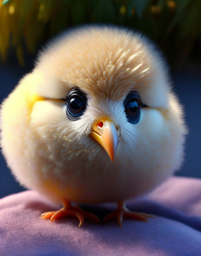 Fluffy yellow chick with blue eyes and orange beak on soft surface against dark blue backdrop