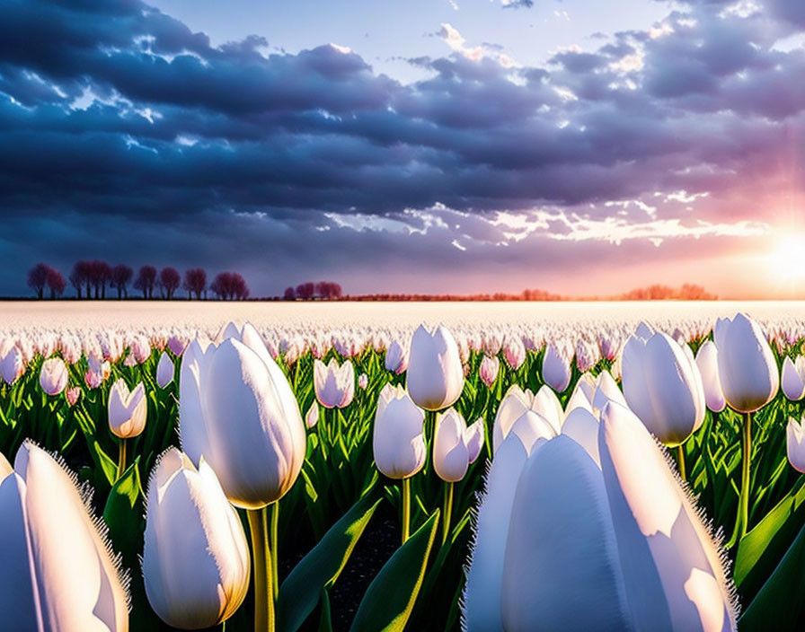 Scenic sunset view of white tulip field with dark clouds and distant trees