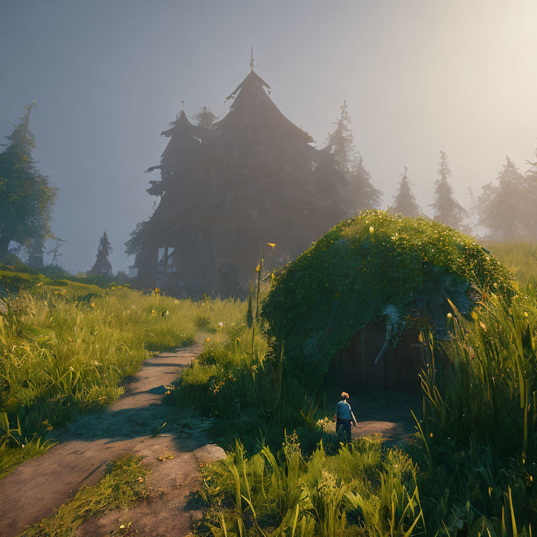 Person walking to overgrown wooden structure in sunlit forest landscape