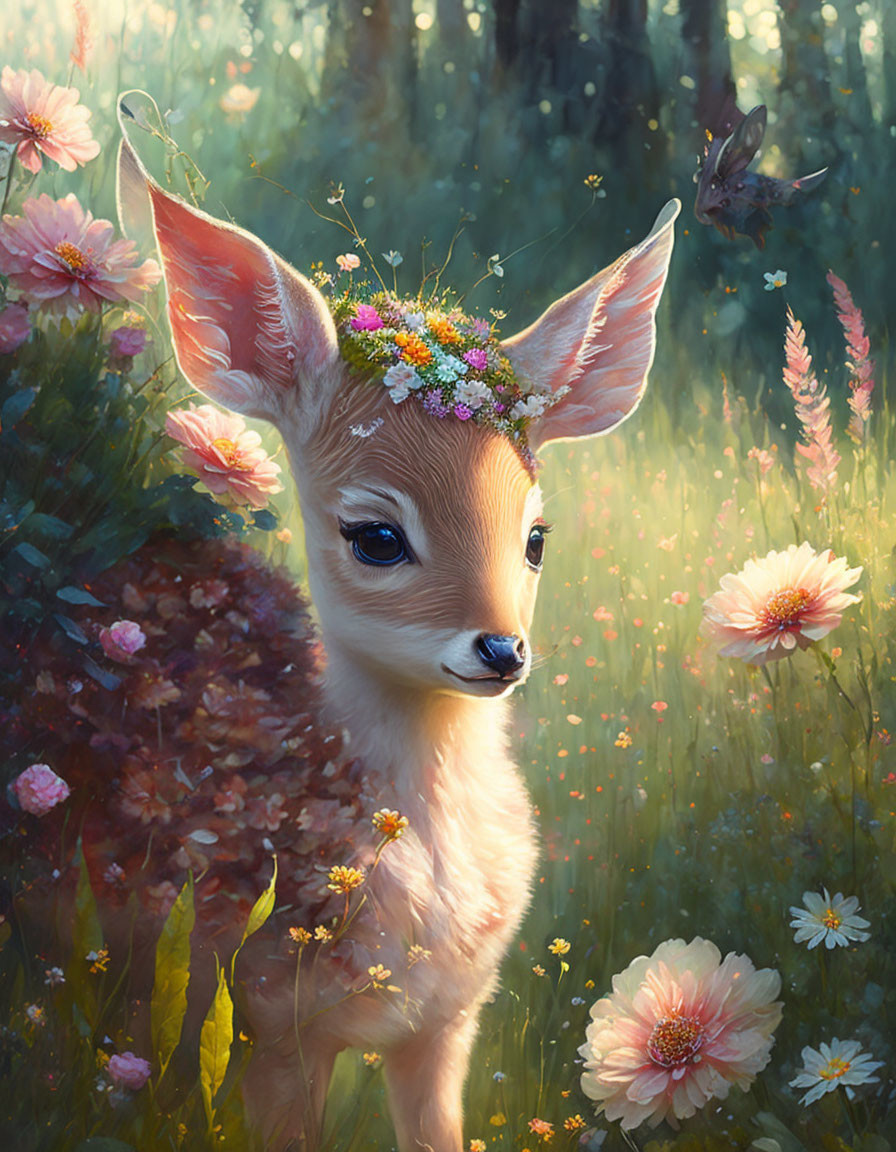 Young fawn with flower crown in enchanted forest clearing surrounded by blooming flowers and butterflies