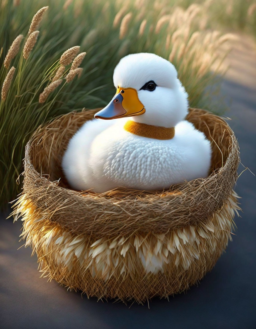 Yellow and white plush toy duck in woven nest at golden hour