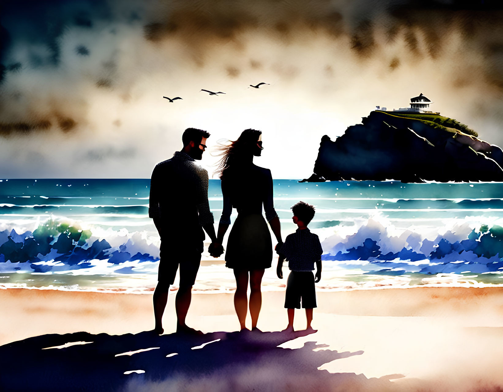 Family of Three on Beach at Dusk with Lighthouse and Birds