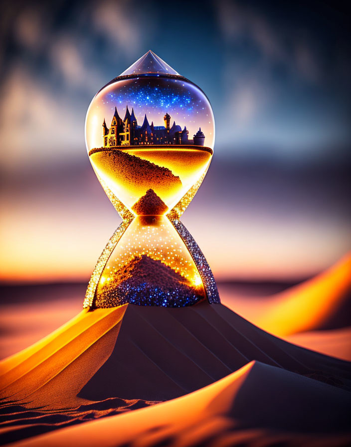 Hourglass in desert with castle under twilight sky and glittering sand.