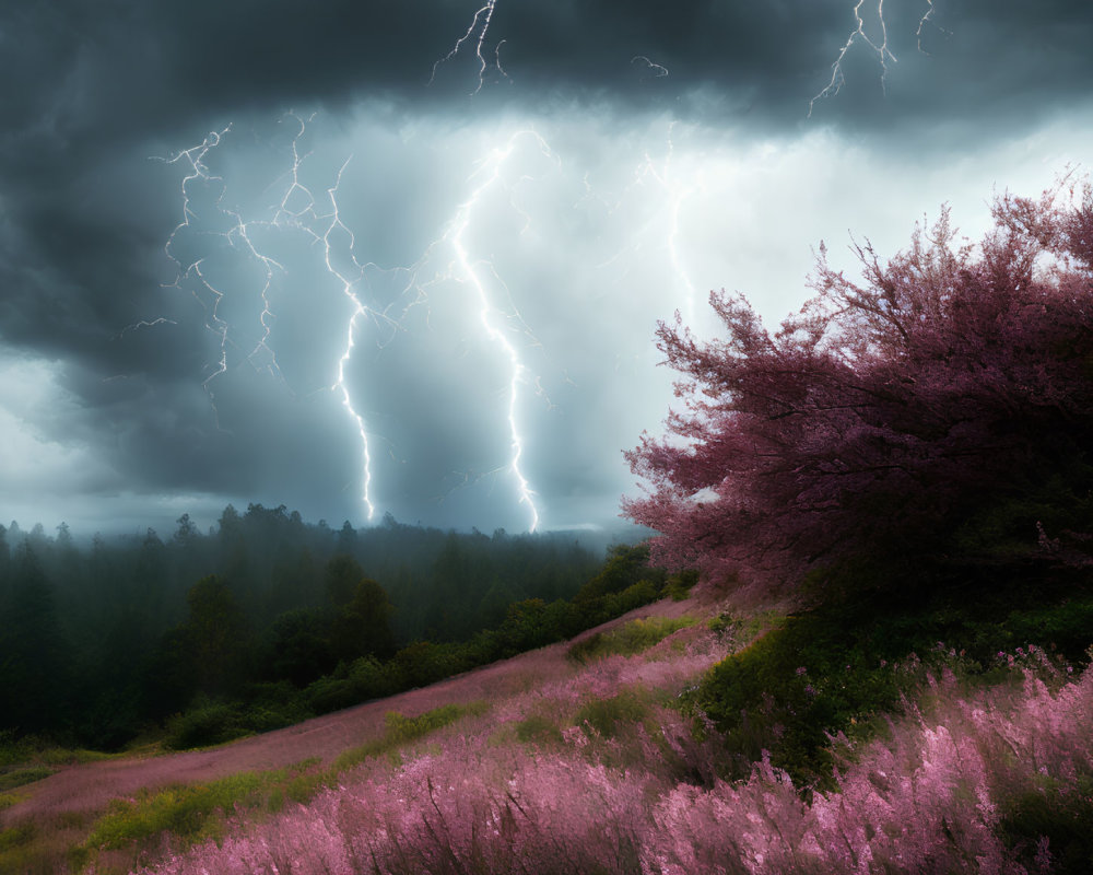 Dark stormy sky with multiple lightning strikes above vibrant pink and purple landscape