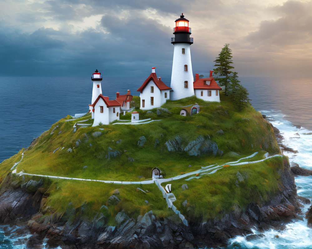 Picturesque lighthouse on rocky cliff amid turbulent seas and dramatic sunset sky