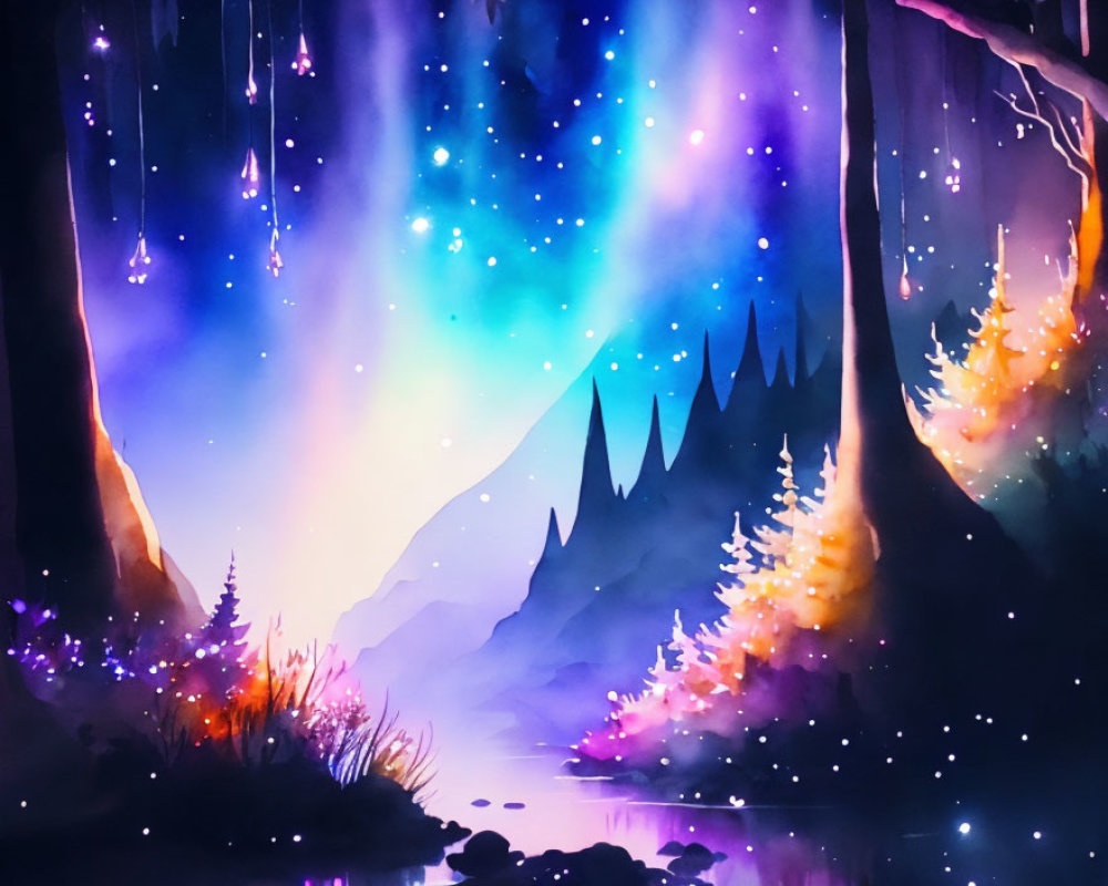 Enchanted forest digital painting with glowing trees and reflecting pond