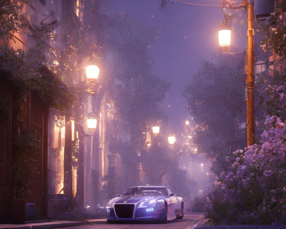 Luxury sports car parked on cobblestone street at dusk with glowing streetlamps and sidewalk flowers