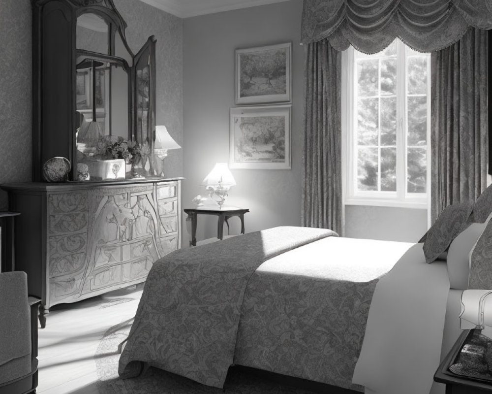 Classic Bedroom with Ornate Mirror Dresser and Patterned Bedding