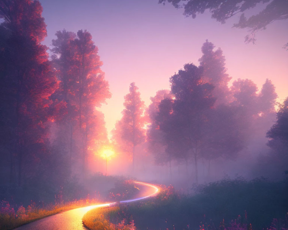 Sunlit misty forest with winding road at dawn