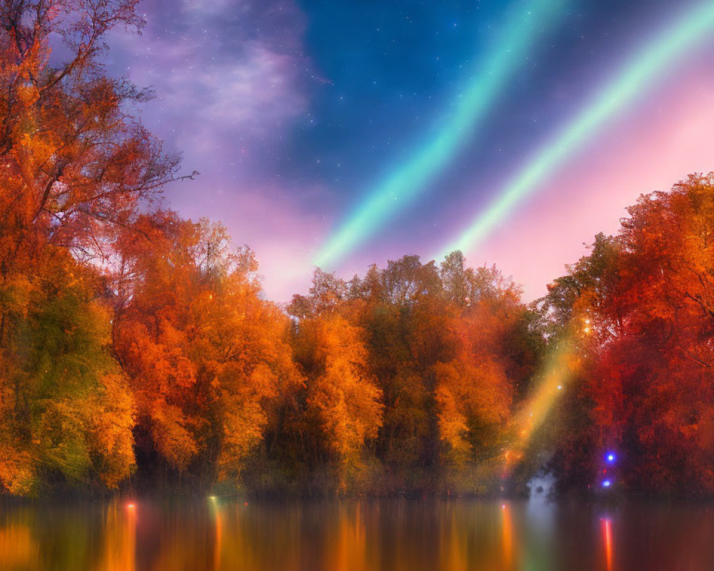 Colorful Autumn Forest by Lake with Aurora Borealis Sky