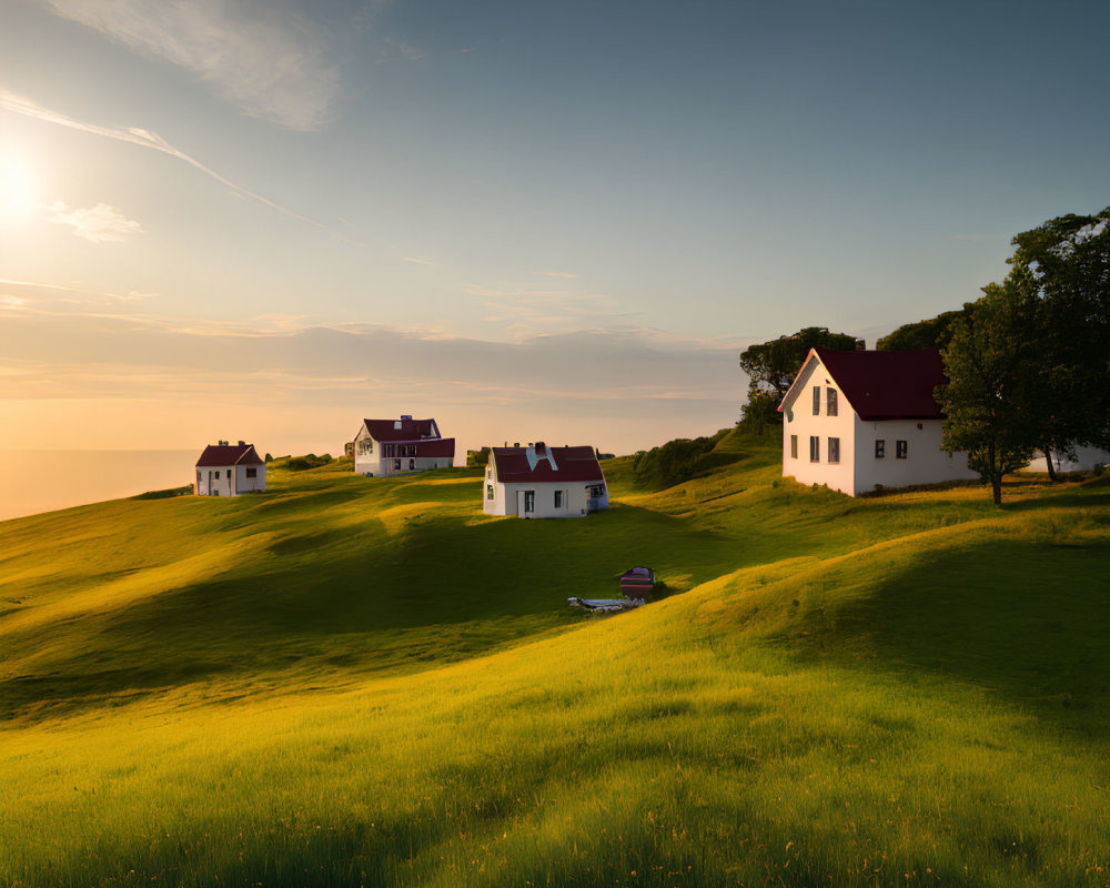 Rural Scene: White Houses, Red Roofs, Green Hills at Sunset