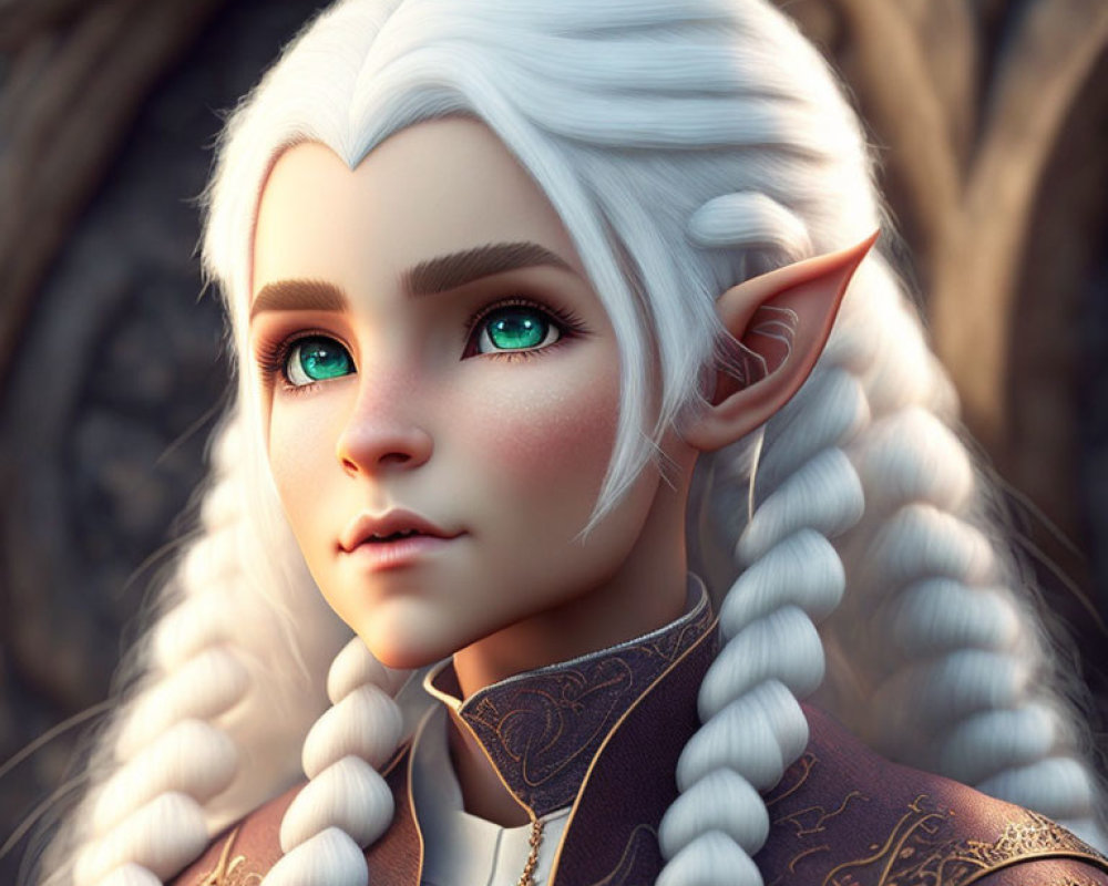 Elf illustration: White-haired, green-eyed with braided hair, in ornate attire