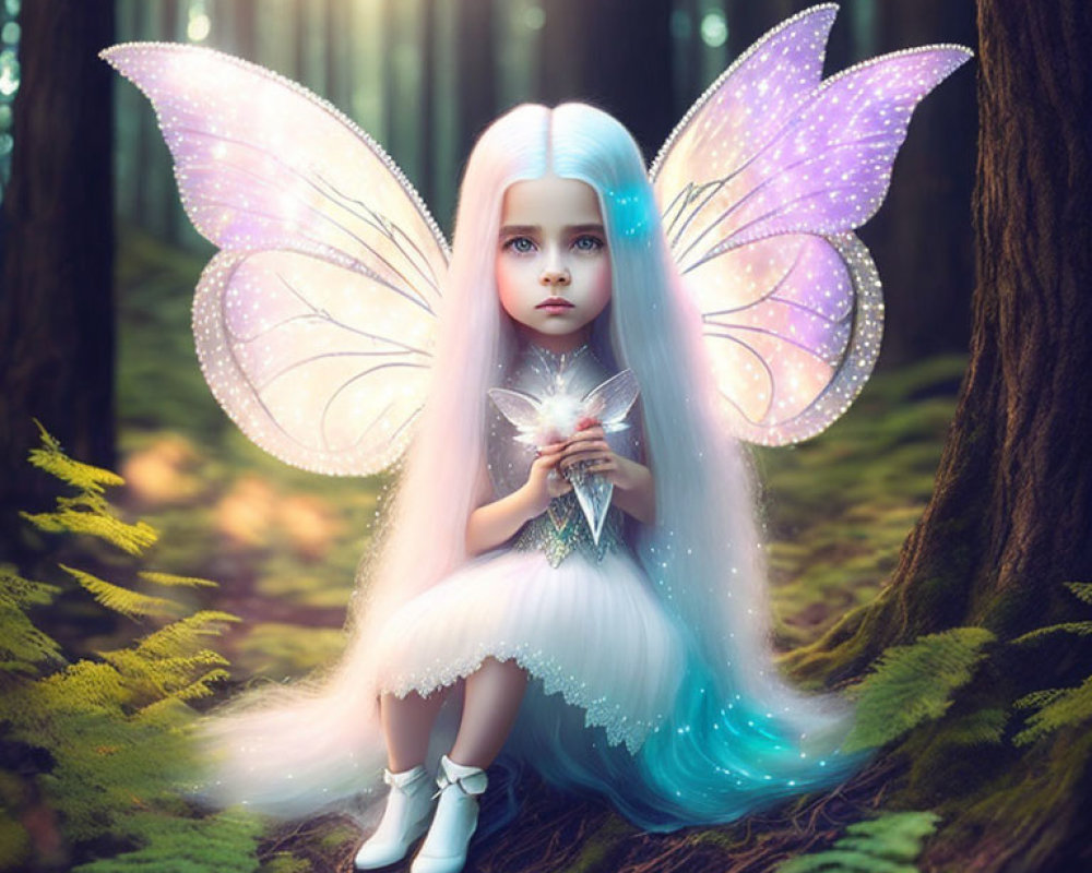 Young fairy with purple wings in sunlit forest holding star