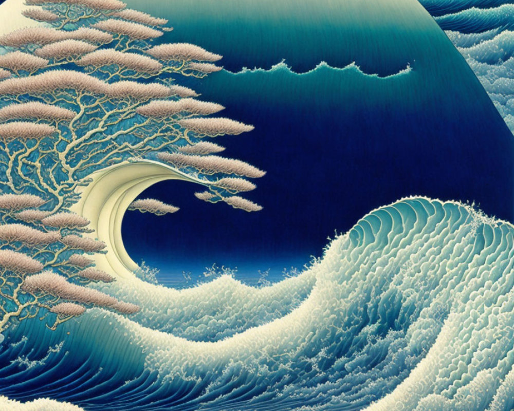 Surreal artwork blending 'The Great Wave' with planetary body