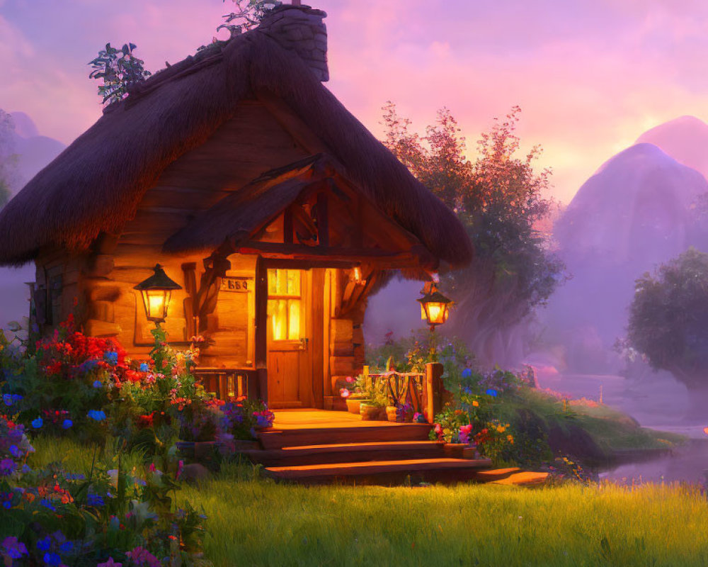 Thatched-Roof Cottage Surrounded by Flowers at Twilight