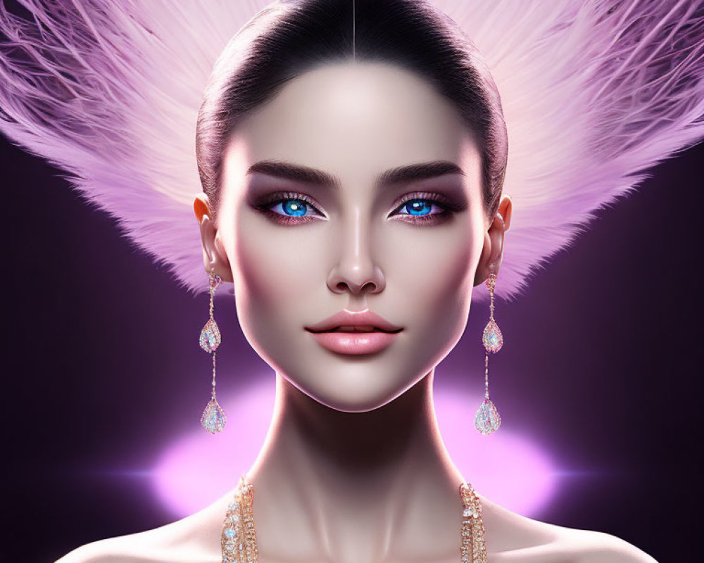 Digital artwork featuring woman with blue eyes, diamond earrings, white feather headdress, purple backdrop