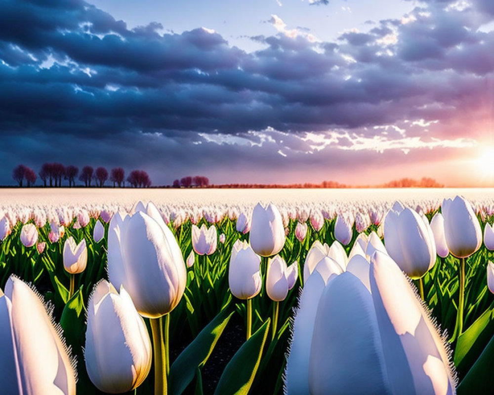 Scenic sunset view of white tulip field with dark clouds and distant trees