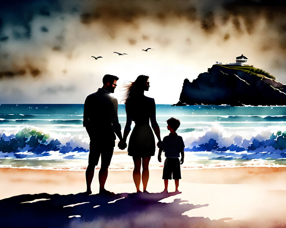 Family of Three on Beach at Dusk with Lighthouse and Birds