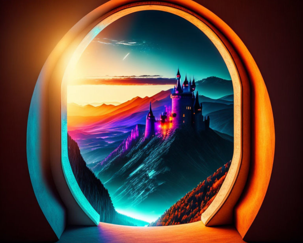 Fantasy castle scene viewed through circular portal at sunset