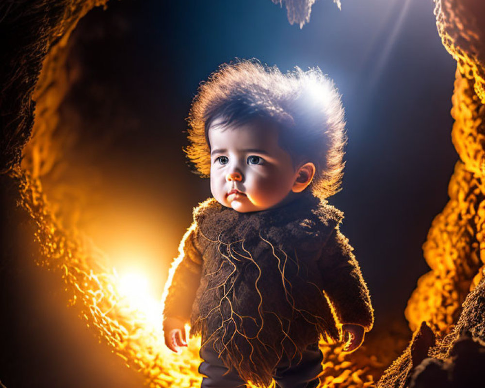 Toddler in fuzzy jacket at cave entrance with warm glow