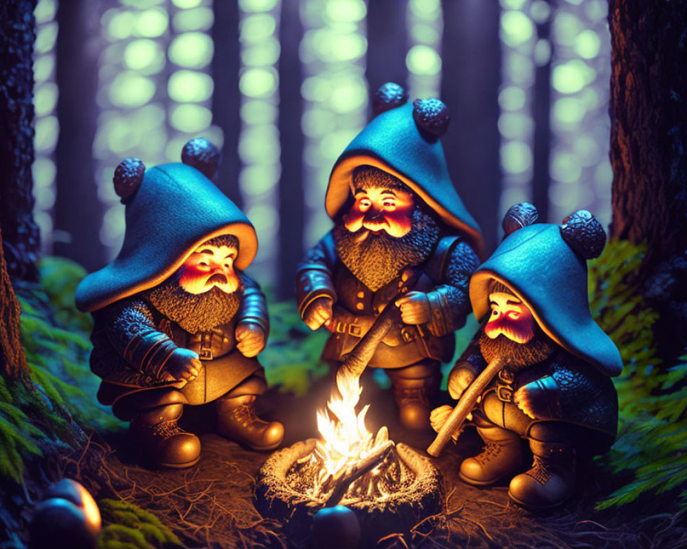 Three gnome figurines with blue hats around a campfire in a mystical forest