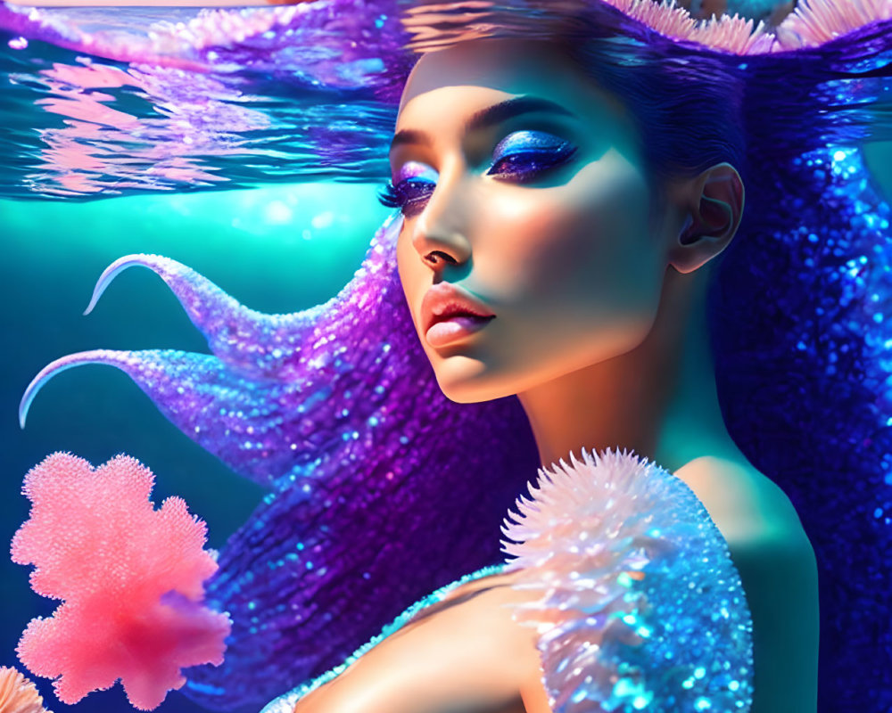 Surreal portrait of woman merged with vibrant underwater scene