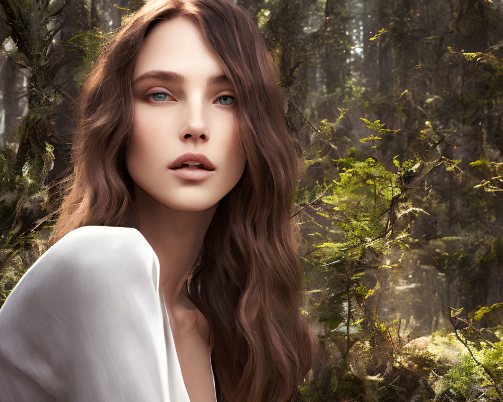 Woman with Wavy Hair in Sunlit Forest Wearing White Garment