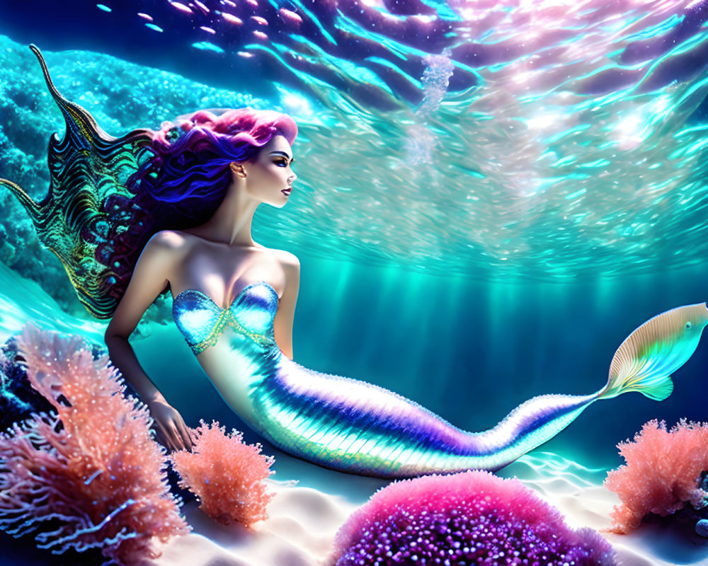 Colorful Mermaid Illustration with Purple Hair and Shimmering Tail Among Coral and Fish