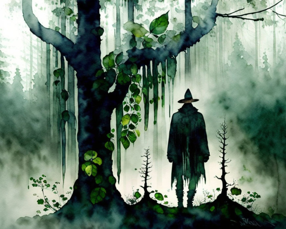 Mysterious figure in hat in foggy forest with tree & moss