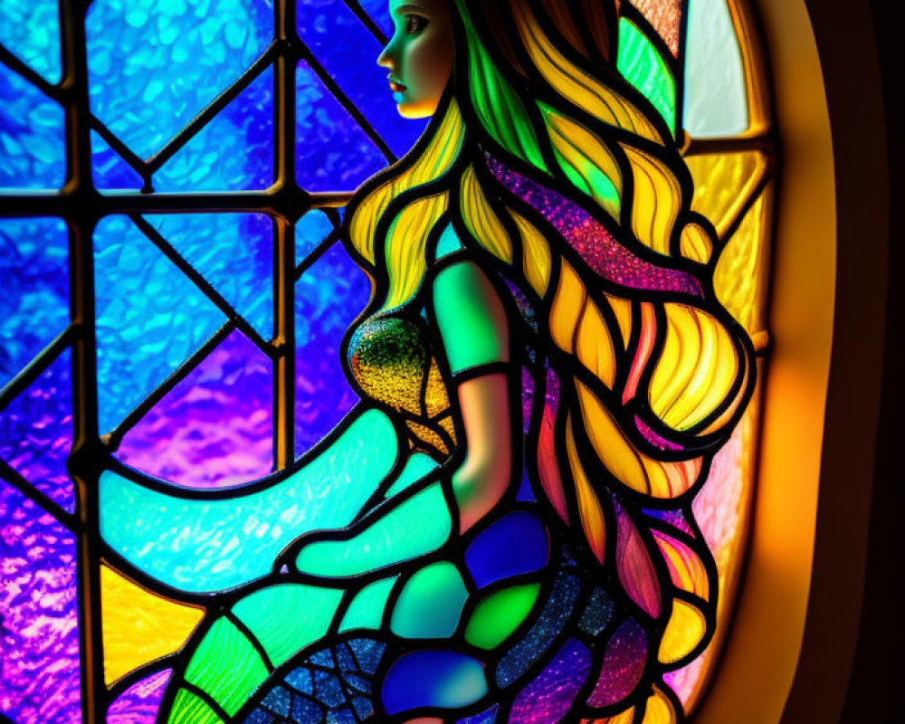 Colorful Stained Glass Window with Stylized Woman Profile