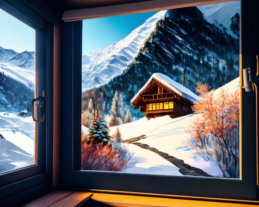 Snow-covered chalet and mountains in winter landscape through window.