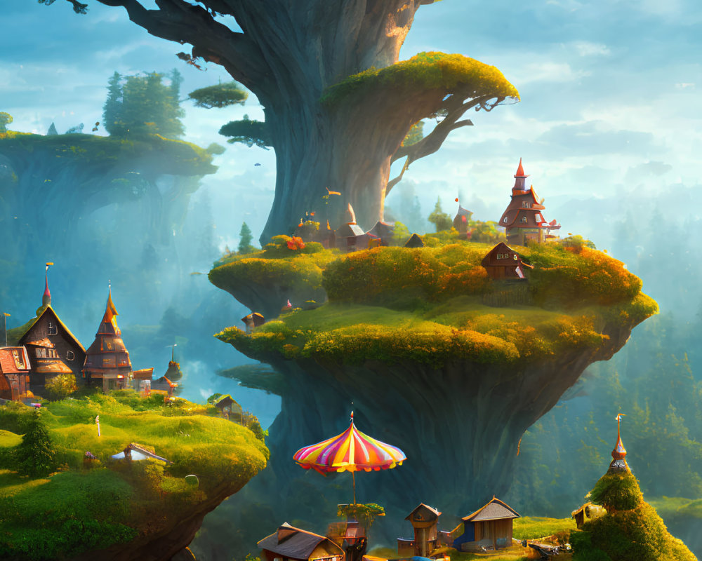 Towering Trees and Floating Islands in Serene Fantasy Landscape