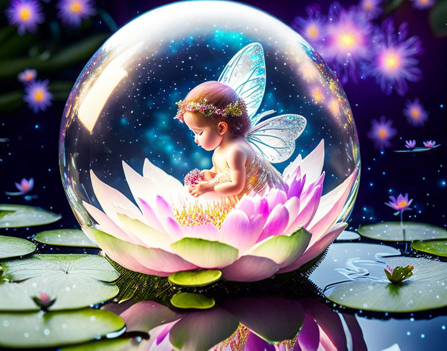 Whimsical fairy in bubble on lotus under starry sky