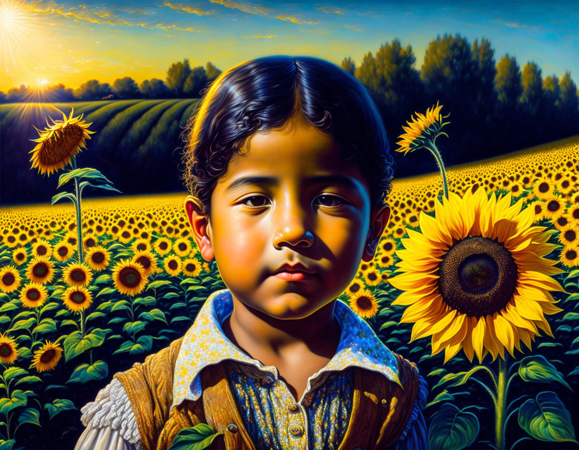 Colorful painting of child in sunflower field at sunset