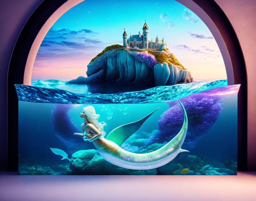 Colorful Underwater Mermaid Scene with Crescent Moon, Coral, and Castle