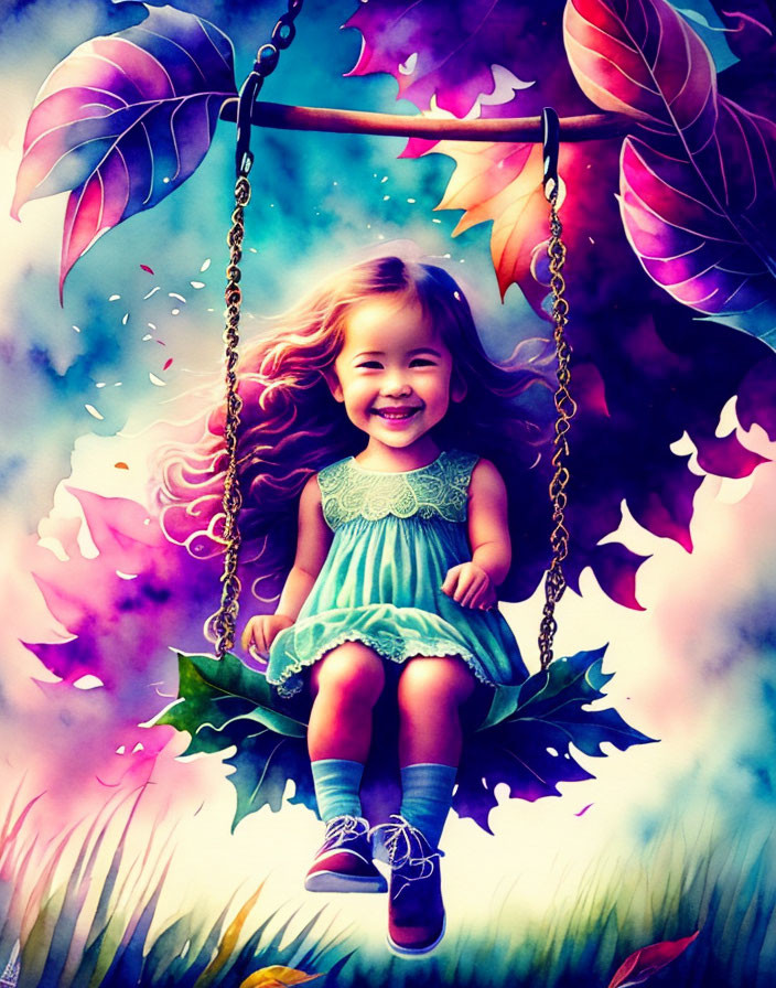 Young girl with wavy hair swings among colorful leaves in dreamlike scene