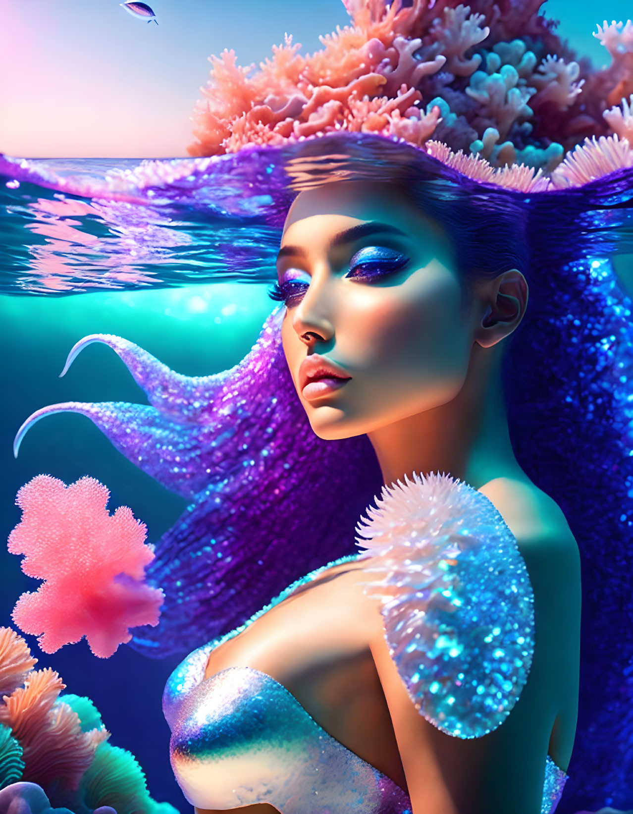 Surreal portrait of woman merged with vibrant underwater scene