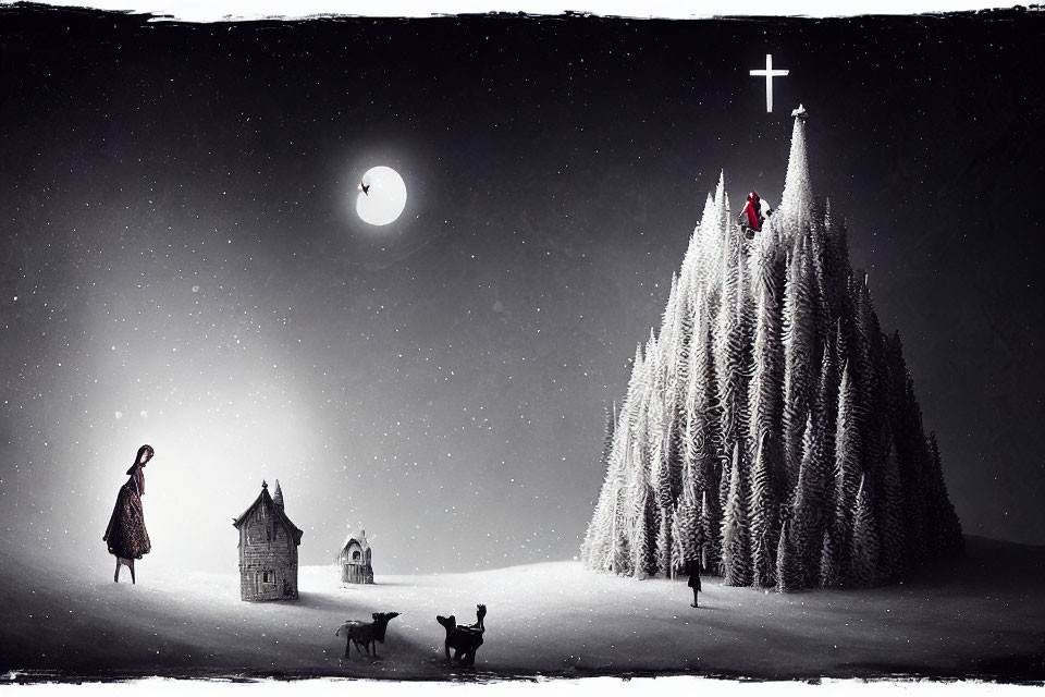 Monochrome stylized image of person, dogs, house, and snowy landscape