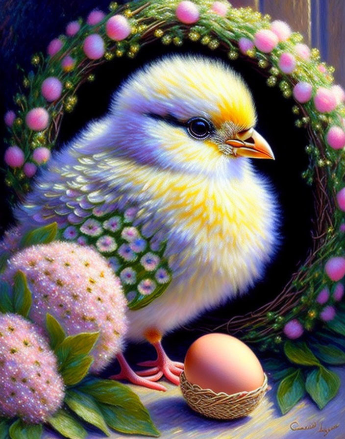 Colorful Chick Illustration Next to Pink Egg in Lush Greenery