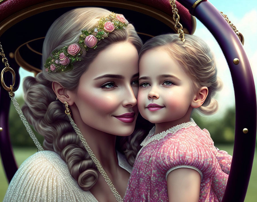 Digital illustration of woman and girl with braided hair and floral accessories in vintage swing setting