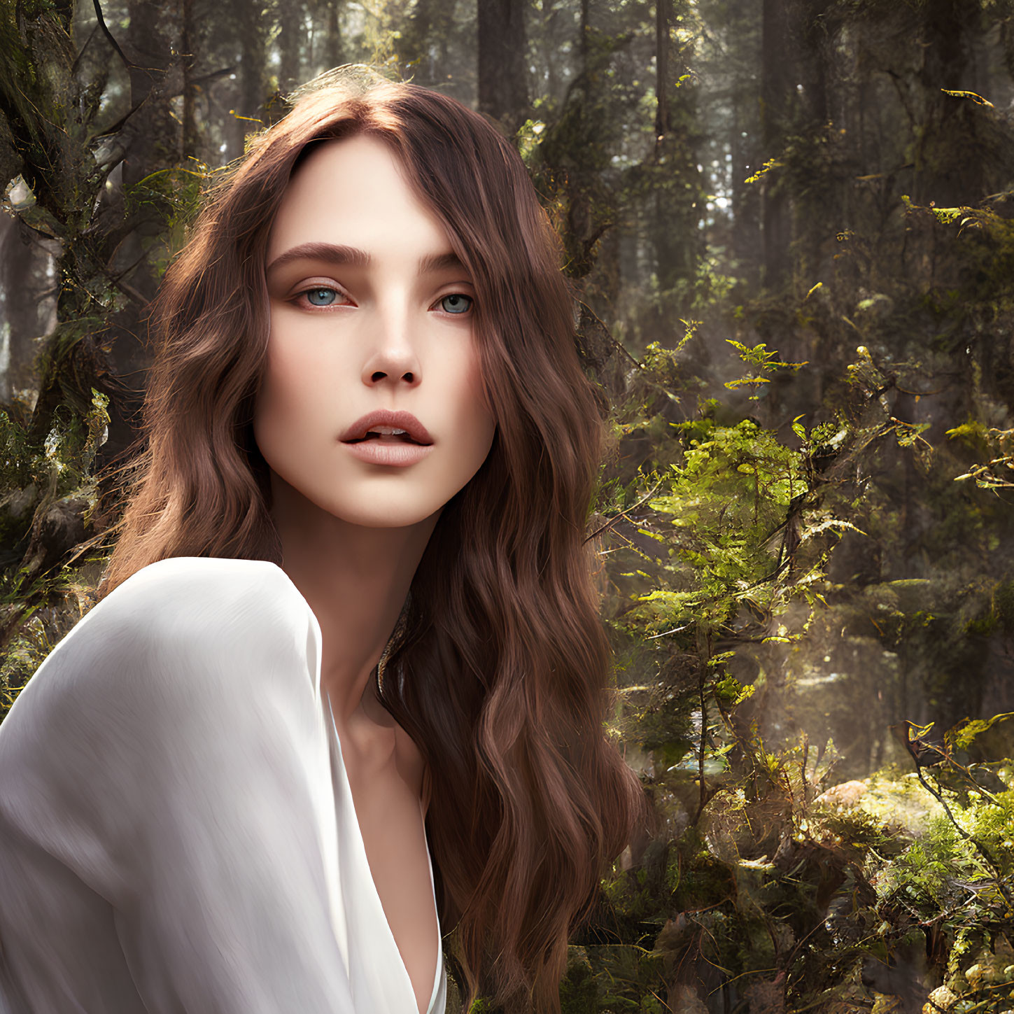 Woman with Wavy Hair in Sunlit Forest Wearing White Garment