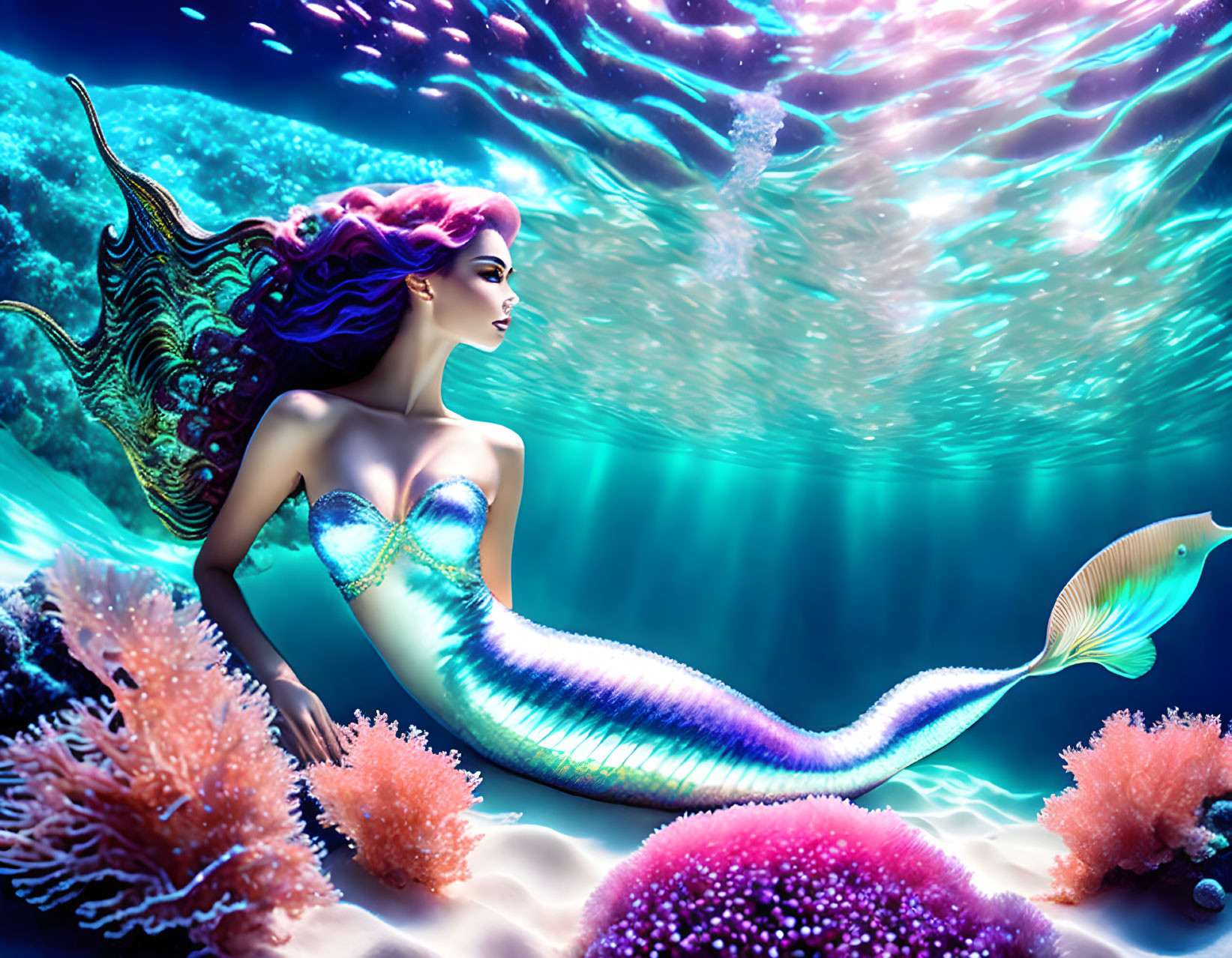 Colorful Mermaid Illustration with Purple Hair and Shimmering Tail Among Coral and Fish