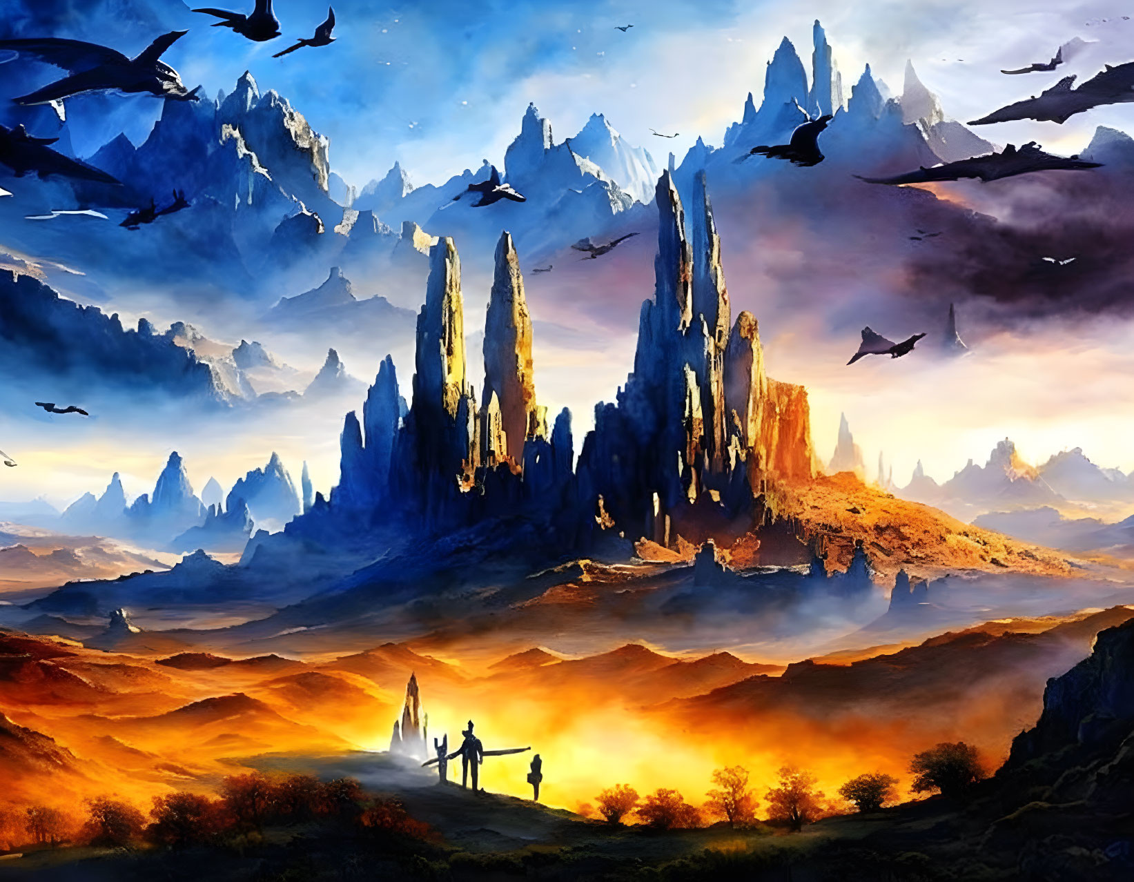 Vibrant fantasy landscape with rocky spires, golden valley, figures, and flying creatures