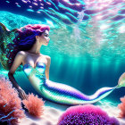 Colorful Mermaid Illustration with Purple Hair and Shimmering Tail Among Coral and Fish