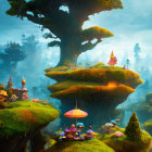 Towering Trees and Floating Islands in Serene Fantasy Landscape